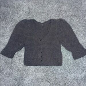 Free People Geo Puff Sleeve Cropped Cardigan, Size S Charcoal Cardigan Sweater
